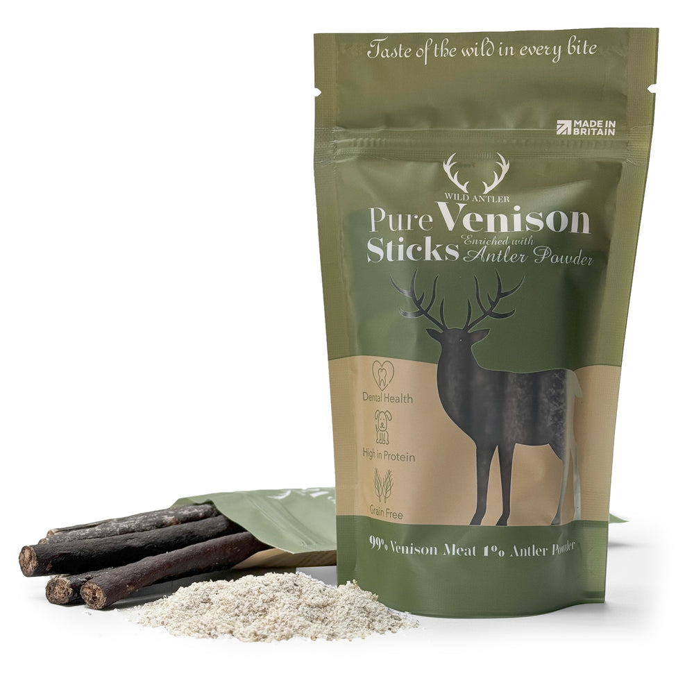 Boost your dog's health with our Pure Venison Sticks enriched with natural antler powder. High in protein, grain-free, and supports dental health.   - Antler Chew