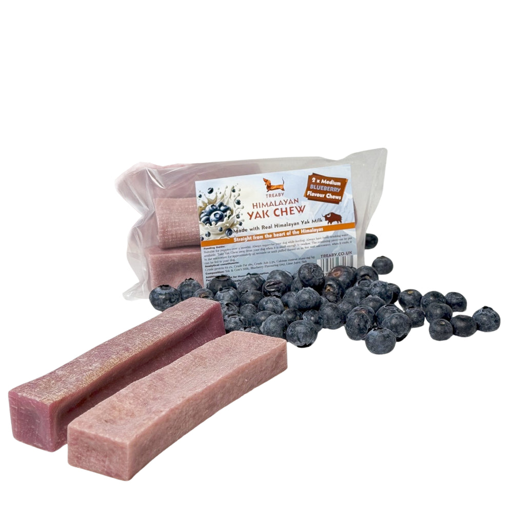 Treat your dog to TREABY's Blueberry Flavour Yak Chew (Medium Size, 2-Pack). Made with natural ingredients, these chews are perfect for puppies and adult dogs aged 14 weeks and older.  - Antler Chew