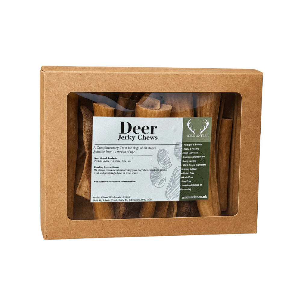 Made from 100% natural deer skin, these chews are perfect for keeping your dog entertained while promoting dental health.   - Antler Chew