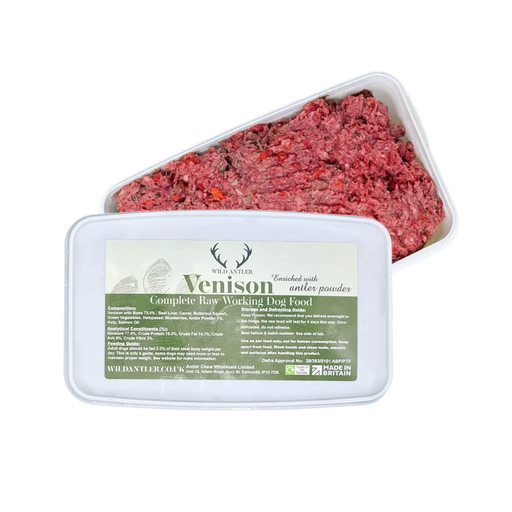 Nutritionally balanced Venison raw dog food with British pasture-reared meat & Antler Powder for calcium. Chill & Safe Next Working Day Delivery.  - Antler Chew