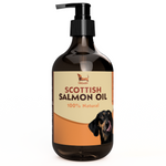 Enhance your dog's coat with our Scottish Salmon Oil. Rich in Omega 3 & 6, hypoallergenic, and full of natural nutrients. Keep stored properly for freshness.  - Antler Chew