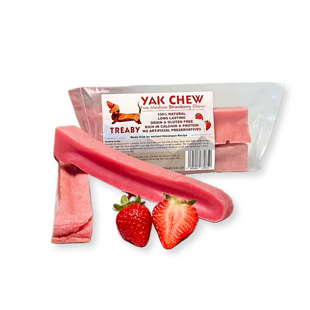 Treat your dog to TREABY's Strawberry Flavour Yak Chew (Medium Size, 2-Pack). Made with natural ingredients, these long-lasting chews are packed with protein, calcium, and antioxidants, supporting dental health. They are perfect for puppies and adult dogs aged 14 weeks and older.  - Antler Chew