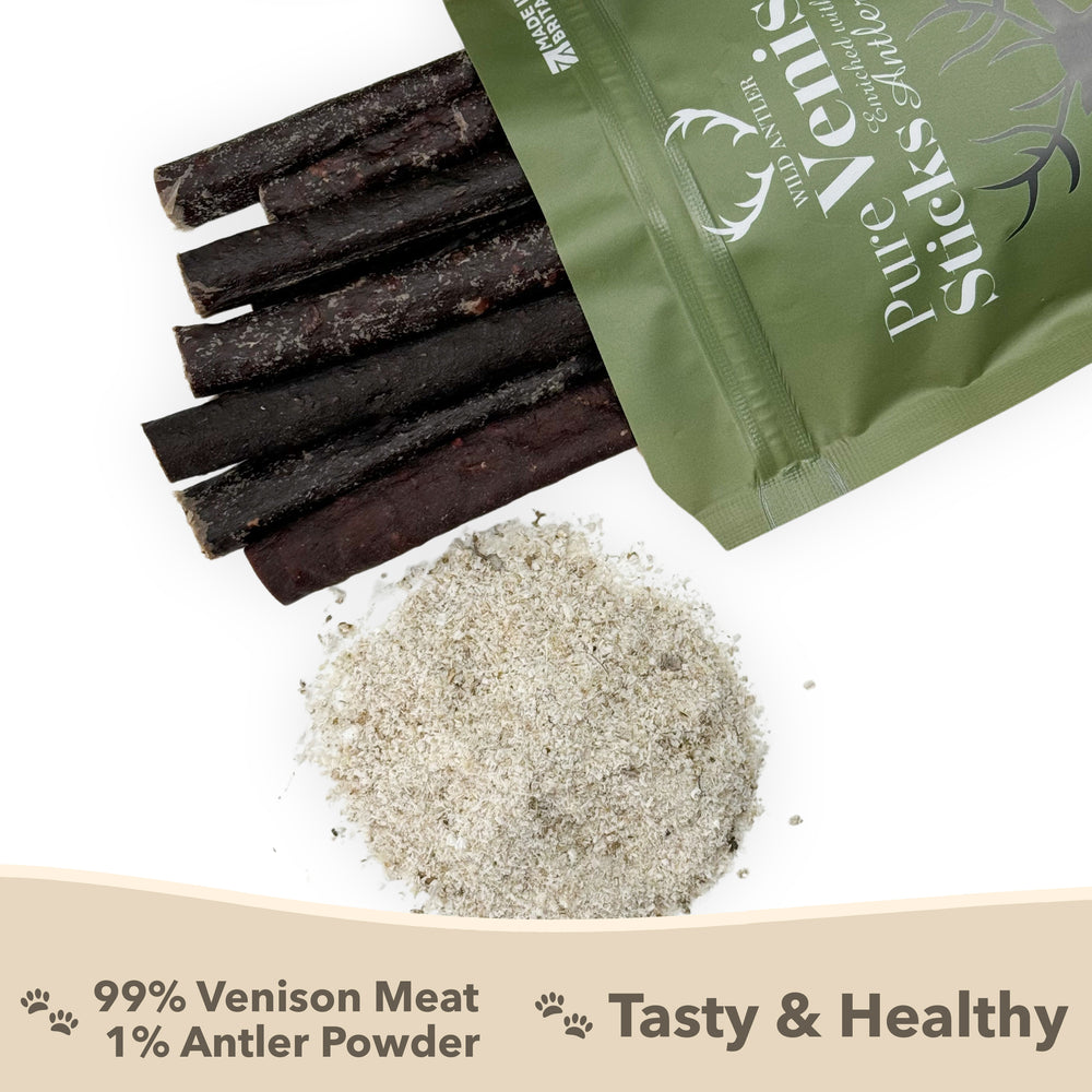 Boost your dog's health with our Pure Venison Sticks enriched with natural antler powder. High in protein, grain-free, and supports dental health.   - Antler Chew 