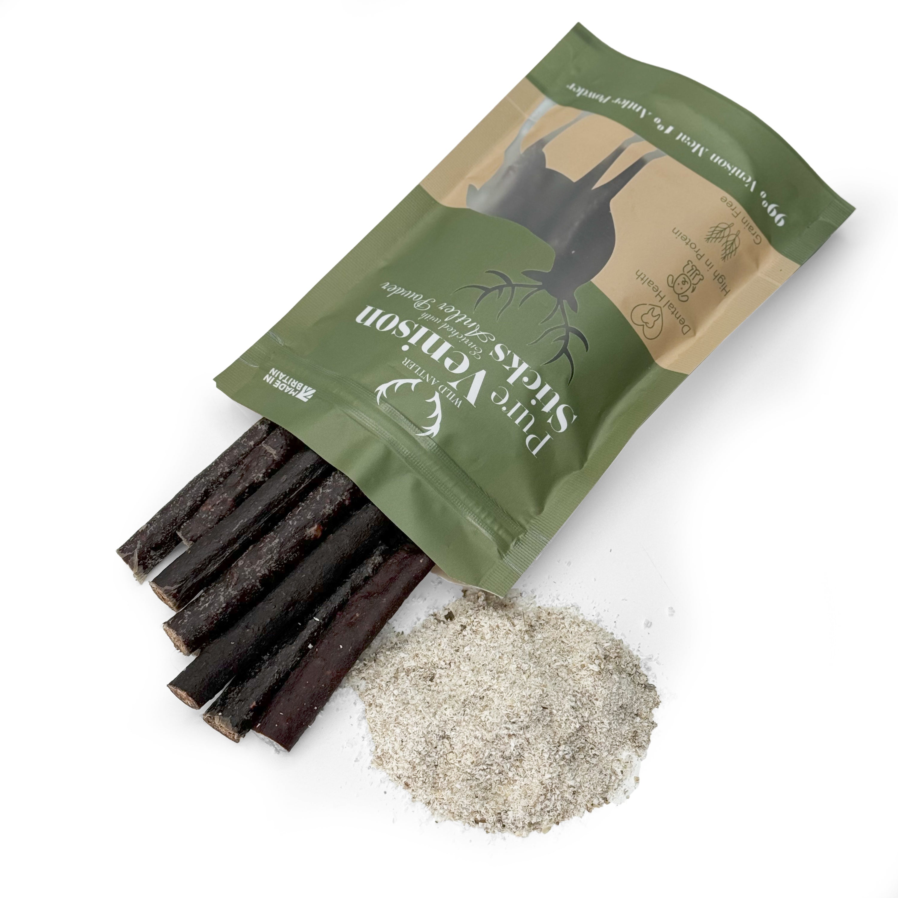 Boost your dog's health with our Pure Venison Sticks enriched with natural antler powder. High in protein, grain-free, and supports dental health.   - Antler Chew 