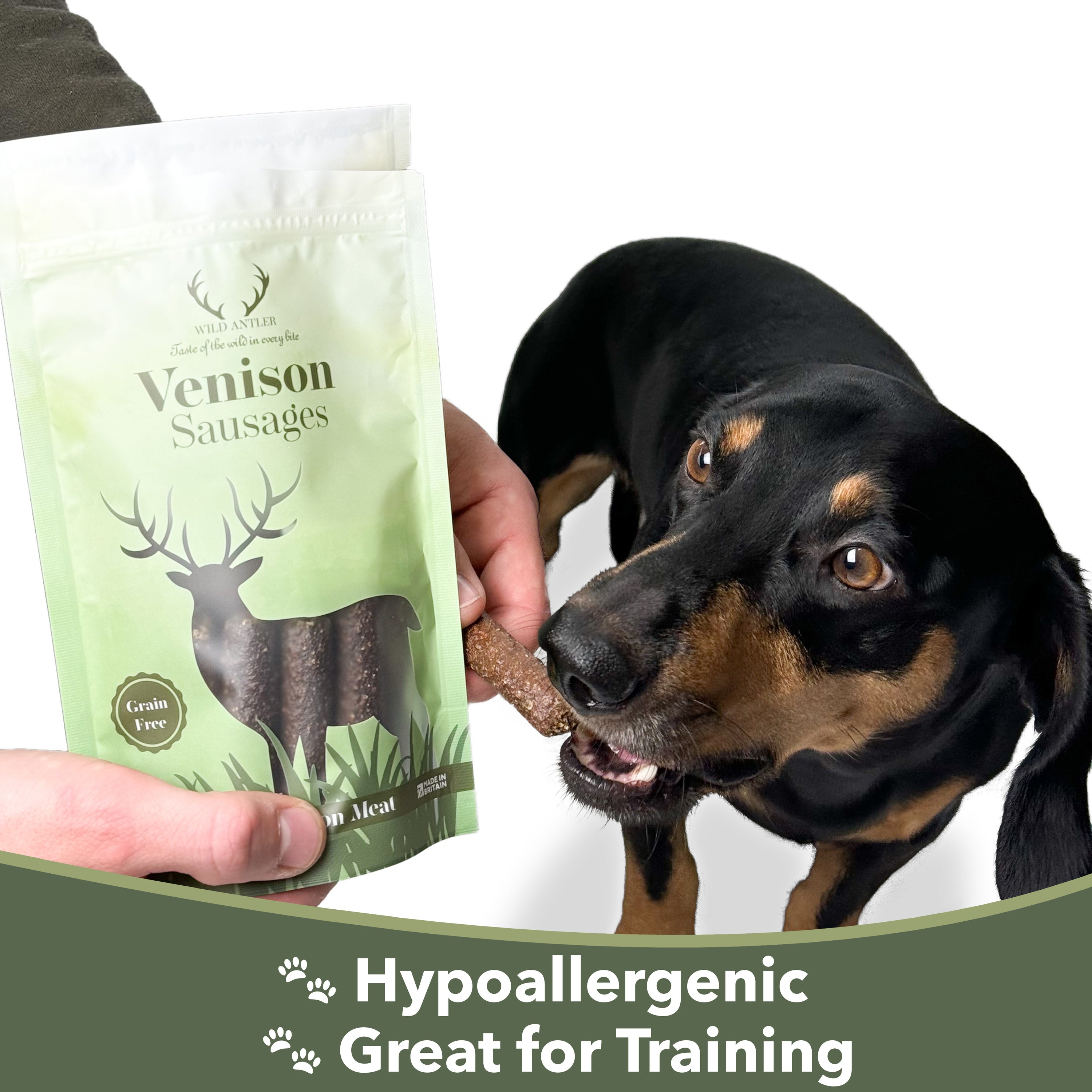 Our best-selling working dog treats are made with 100% Venison Sausage & Intestine. Bursting with high-quality meat for energy and joy!  - Antler Chew 