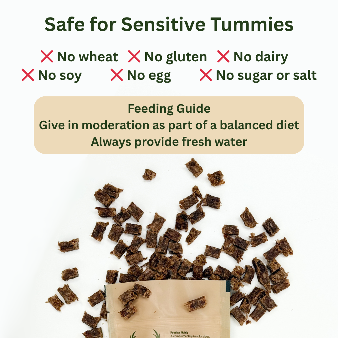 100% human grade venison meat air-dried into small cubes, high protein low fat hypoallergenic treats. No additives or nasties, free from allergens.  - Antler Chew 