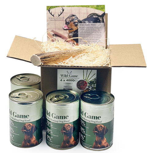 4 x Wild Game - Grain Free Complete Wet Working Dog Food +Red Deer antler - Antler Chew