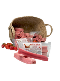 Treat your dog to TREABY's Strawberry Flavour Yak Chew (Medium Size, 2-Pack). Made with natural ingredients, these long-lasting chews are packed with protein, calcium, and antioxidants, supporting dental health. They are perfect for puppies and adult dogs aged 14 weeks and older.  - Antler Chew 