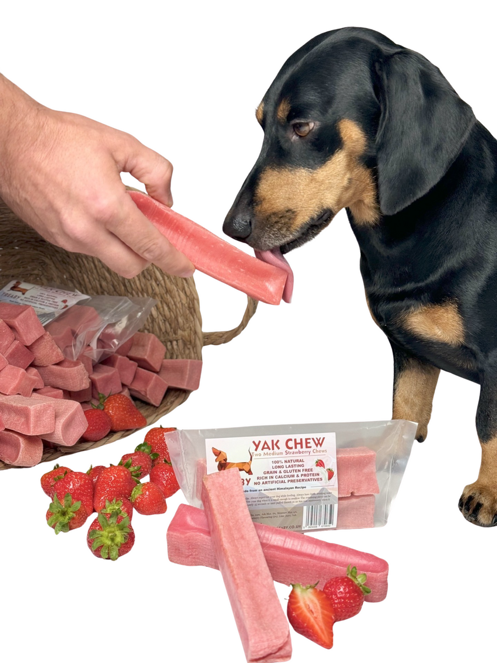 Treat your dog to TREABY's Strawberry Flavour Yak Chew (Medium Size, 2-Pack). Made with natural ingredients, these long-lasting chews are packed with protein, calcium, and antioxidants, supporting dental health. They are perfect for puppies and adult dogs aged 14 weeks and older.  - Antler Chew 