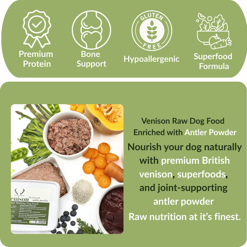 Next day DPD delivery. Bundle of 15 x 500g tubs frozen raw dog food. Venison & beef liver blend, suitable for dogs 24 weeks+. Balanced nutrition.  - Antler Chew 